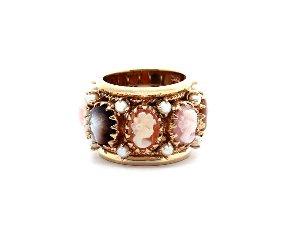 Vintage Victorian Revival Pearl Cameo Eternity Band Ring in 14K