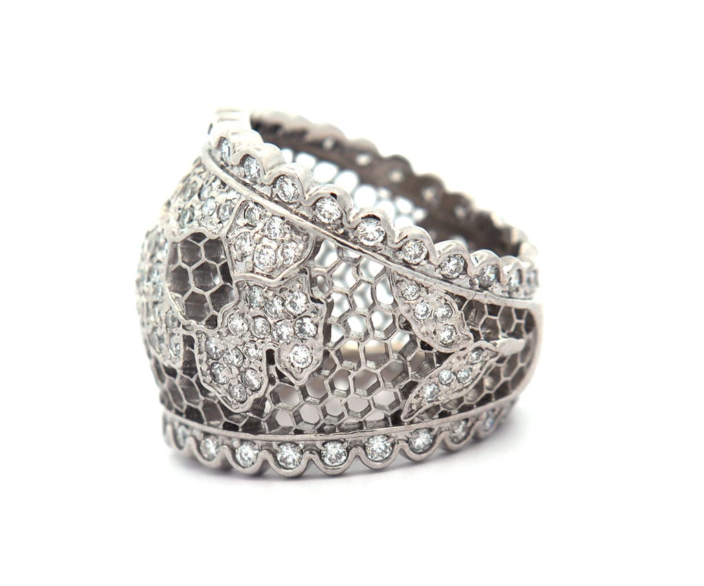 1.00ctw Diamond Flower Honeycomb Wide Band Ring in 18K