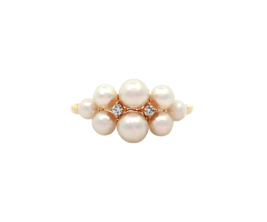 Vintage Mikimoto Cultured Pearl and Diamond Cluster Ring in 18K