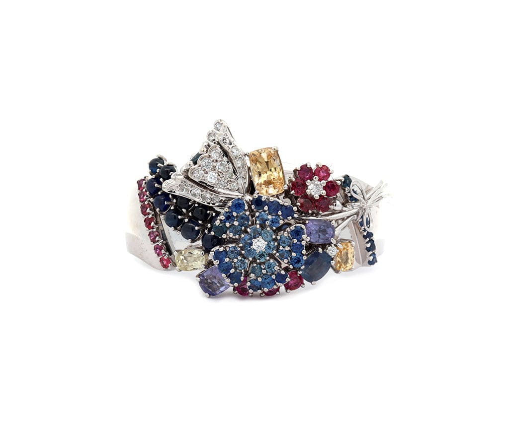 14.25ctw Multicolored Sapphires and 1.00ctw Diamond Flower Bangle Bracelet in14K