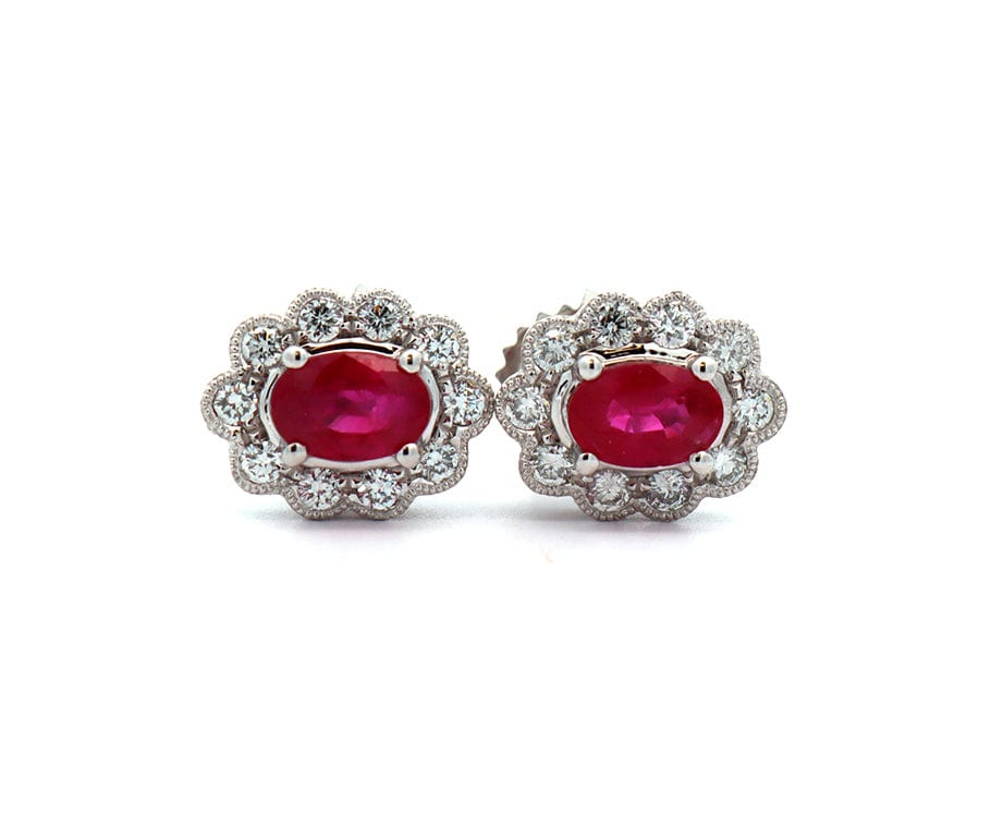 1.20ctw Ruby and 0.50ctw Diamond Frame Milgrain Stud Earrings in 14K