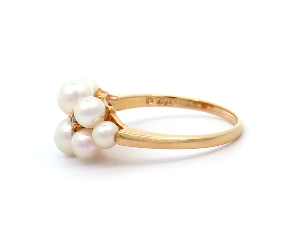 Vintage Mikimoto Cultured Pearl and Diamond Cluster Ring in 18K