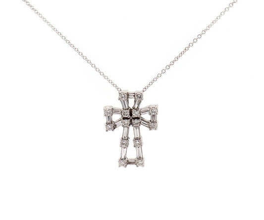 0.90ctw Baguette and Round Diamond Cross Pendant Necklace in 14K