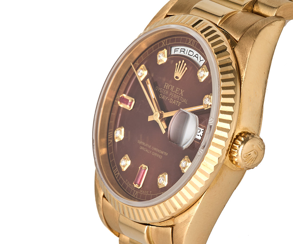 1995 Rolex Day-Date President 18238 36MM Aftermarket Diamond and Ruby Dial Watch