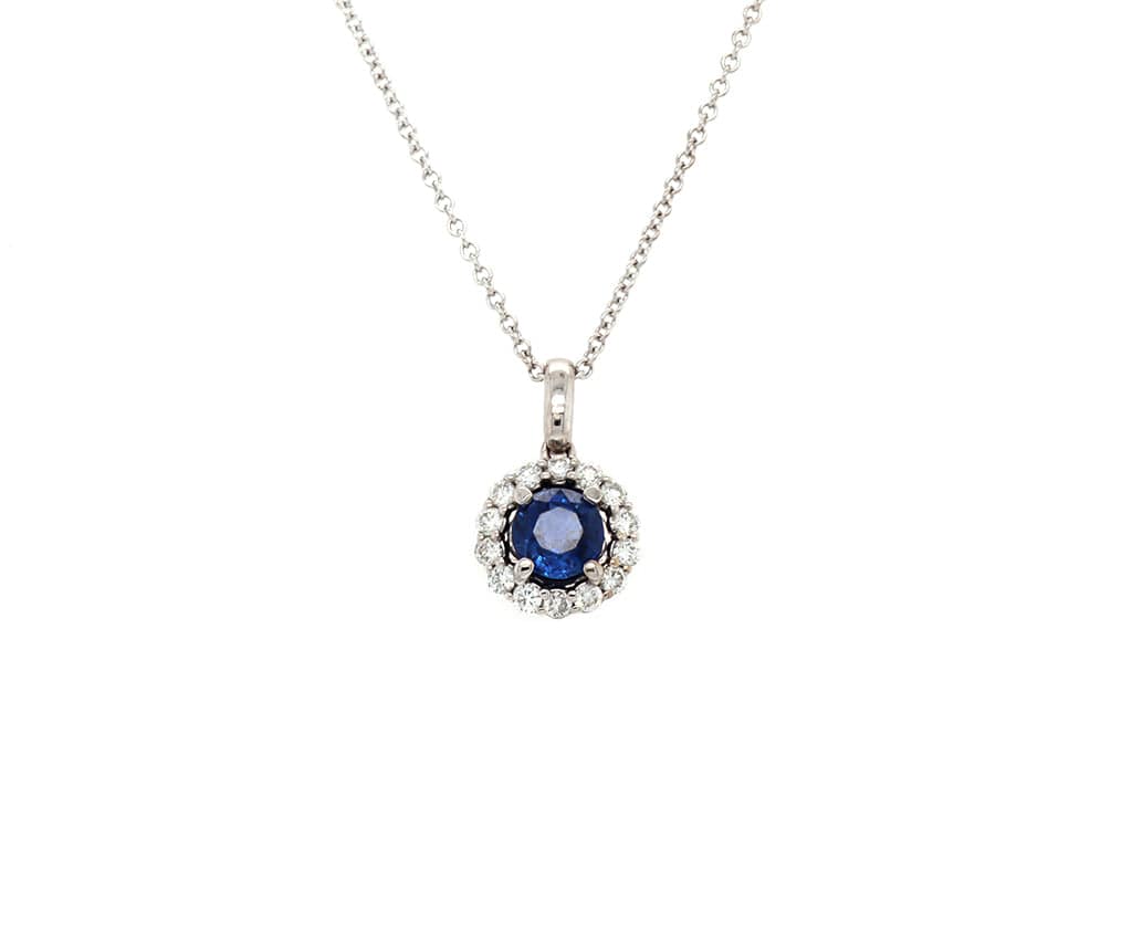 0.93ct Round Sapphire and 0.36ctw Diamond Halo Pendant Necklace in 14K