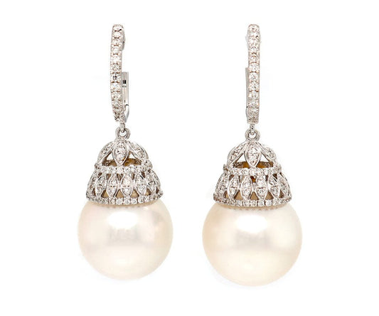 16.0MM Cultured South Sea Pearl and 1.00ctw Diamond Dangle Earrings in 18K