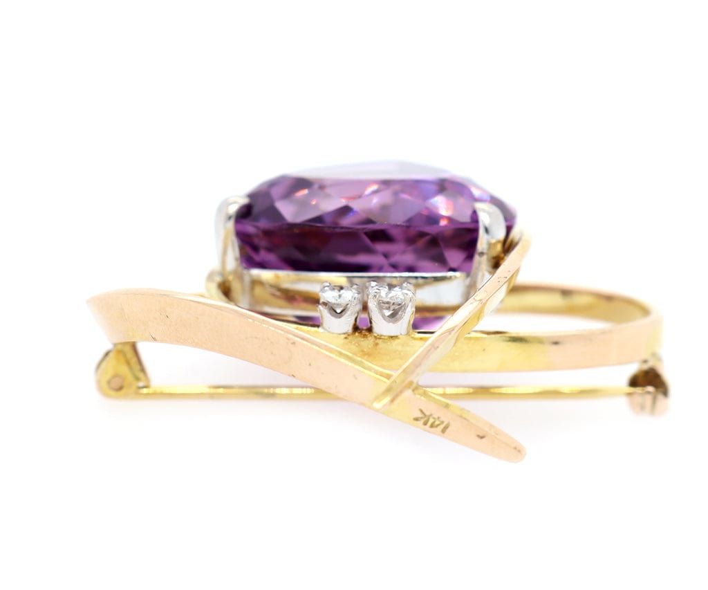 29.0ct Trillion Cut Amethyst and 0.15ctw Diamond Brooch in 14K