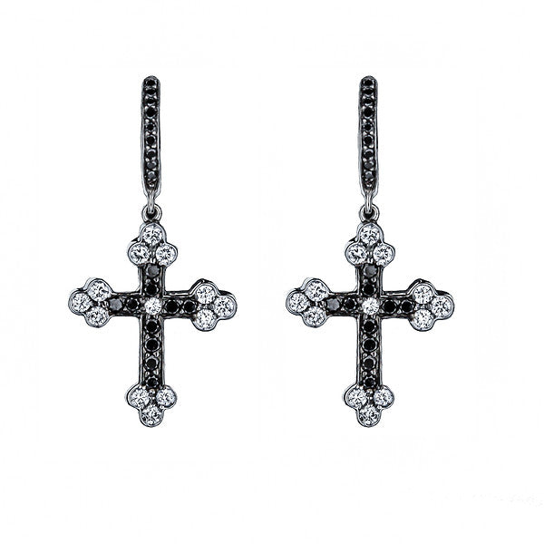 18K White Gold Black & White Diamond Fleur-De-Lis Cross Earrings