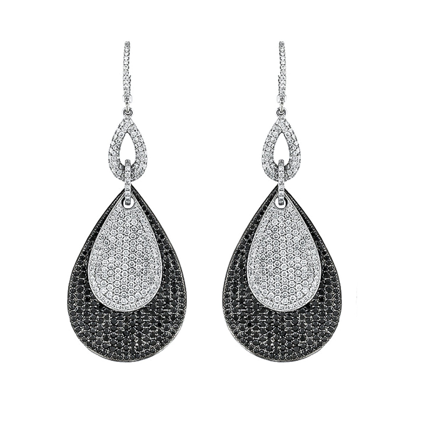 18K White Gold Pear Pave Slides Of Black & White Diamond Earrings