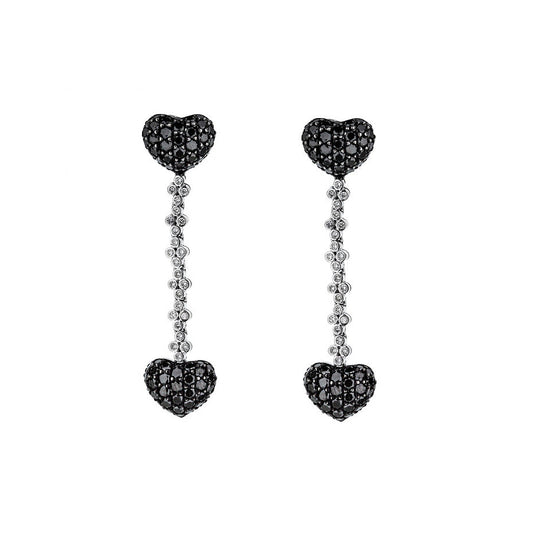 18K White Gold White & Fancy Black Diamond Pave Heart Dangle Earrings