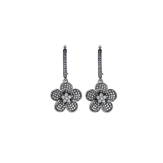 14K Black Pave Diamond Flower Drop Earrings