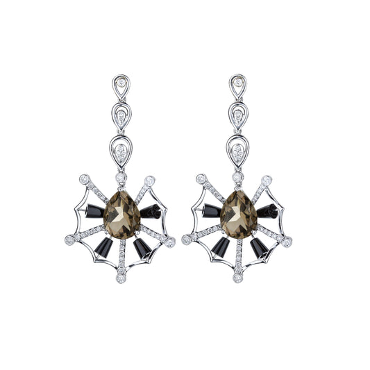 18K White Gold Smokey Quartz  White Diamond And Black Jade Bead Art Deco Web Style Drop Earrings