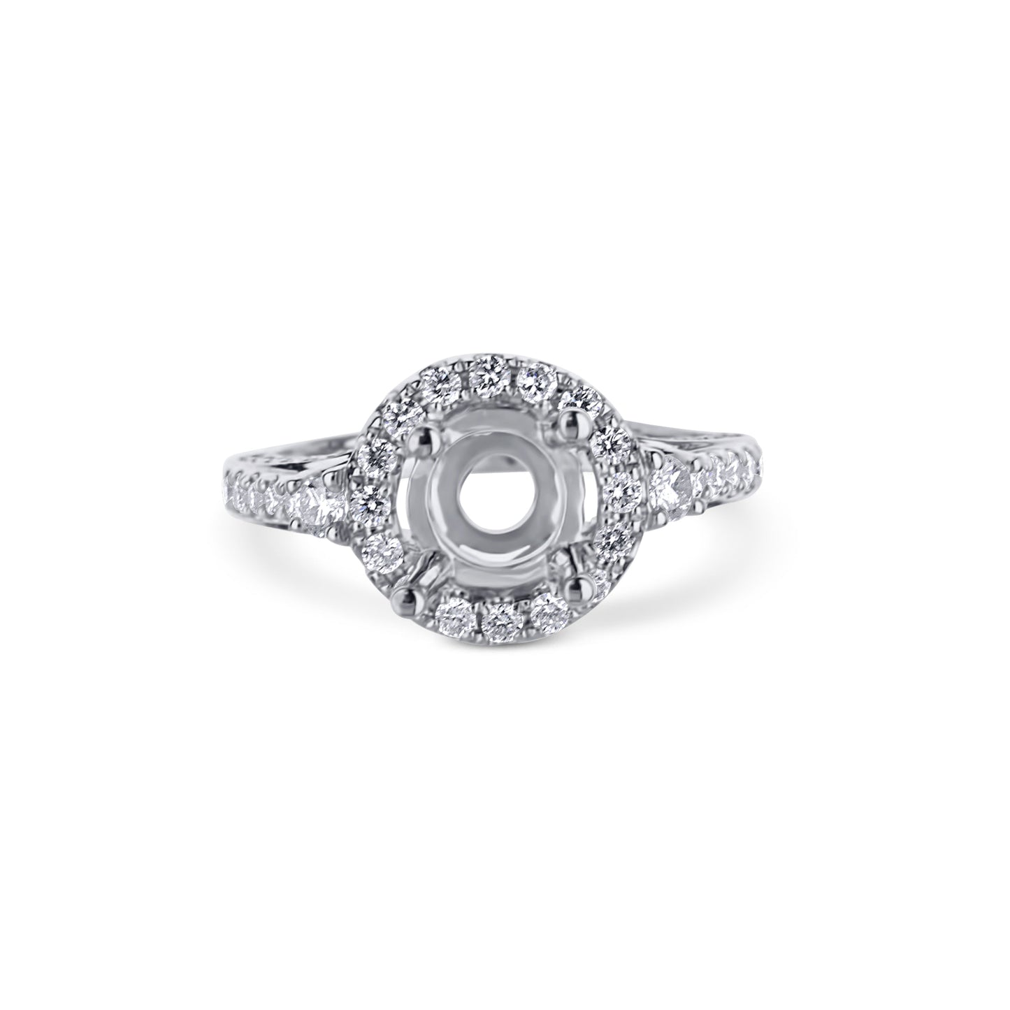 18K White Gold Round Diamond Halo, Three-Sided Shank Mounting For A Round Center Diamond