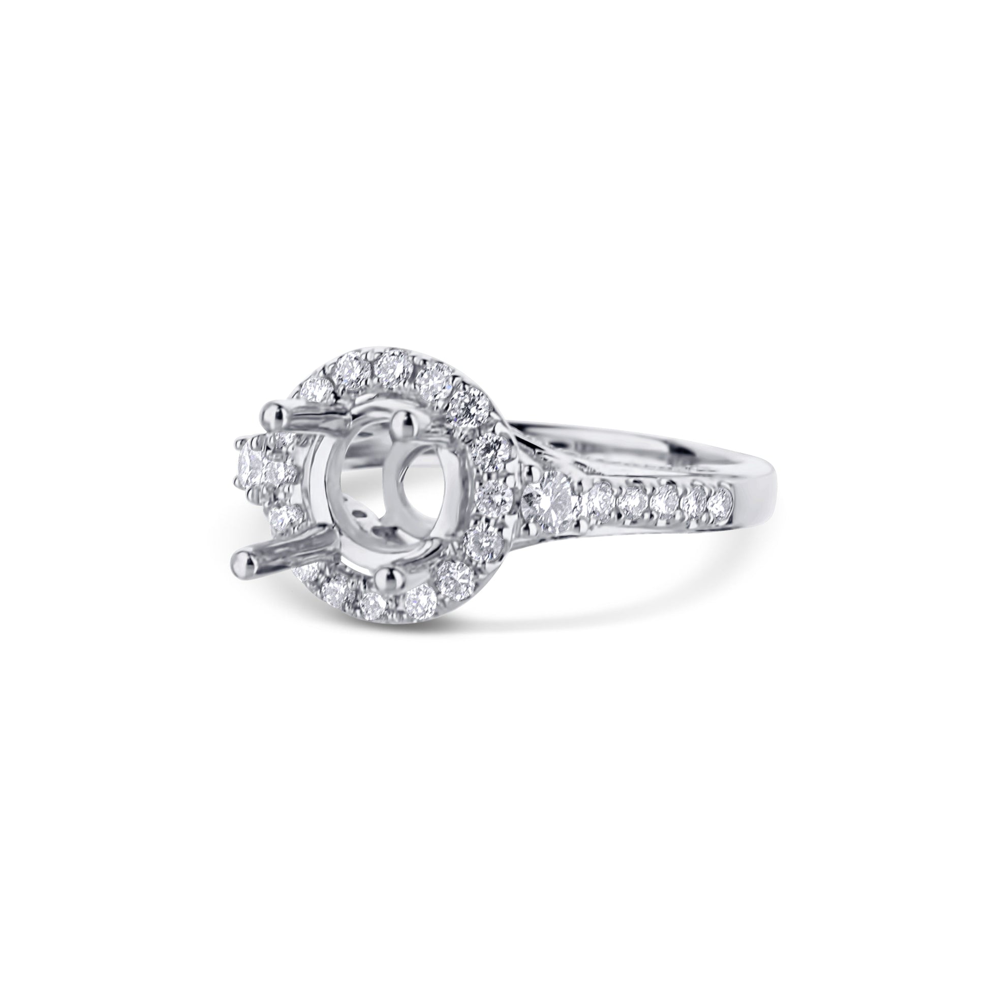 18K White Gold Round Diamond Halo, Three-Sided Shank Mounting For A Round Center Diamond