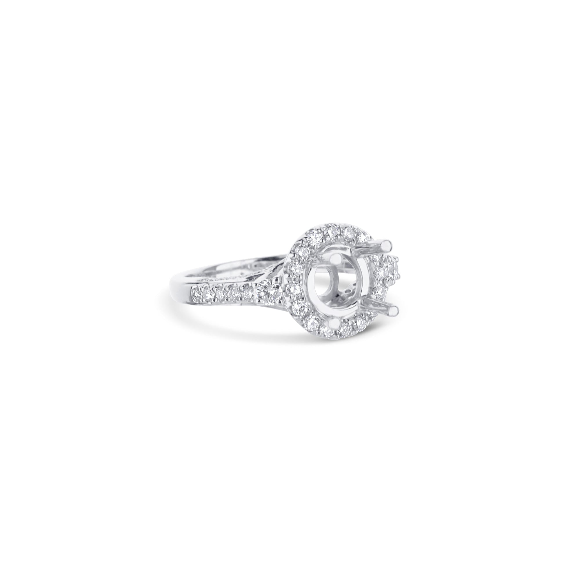 18K White Gold Round Diamond Halo, Three-Sided Shank Mounting For A Round Center Diamond