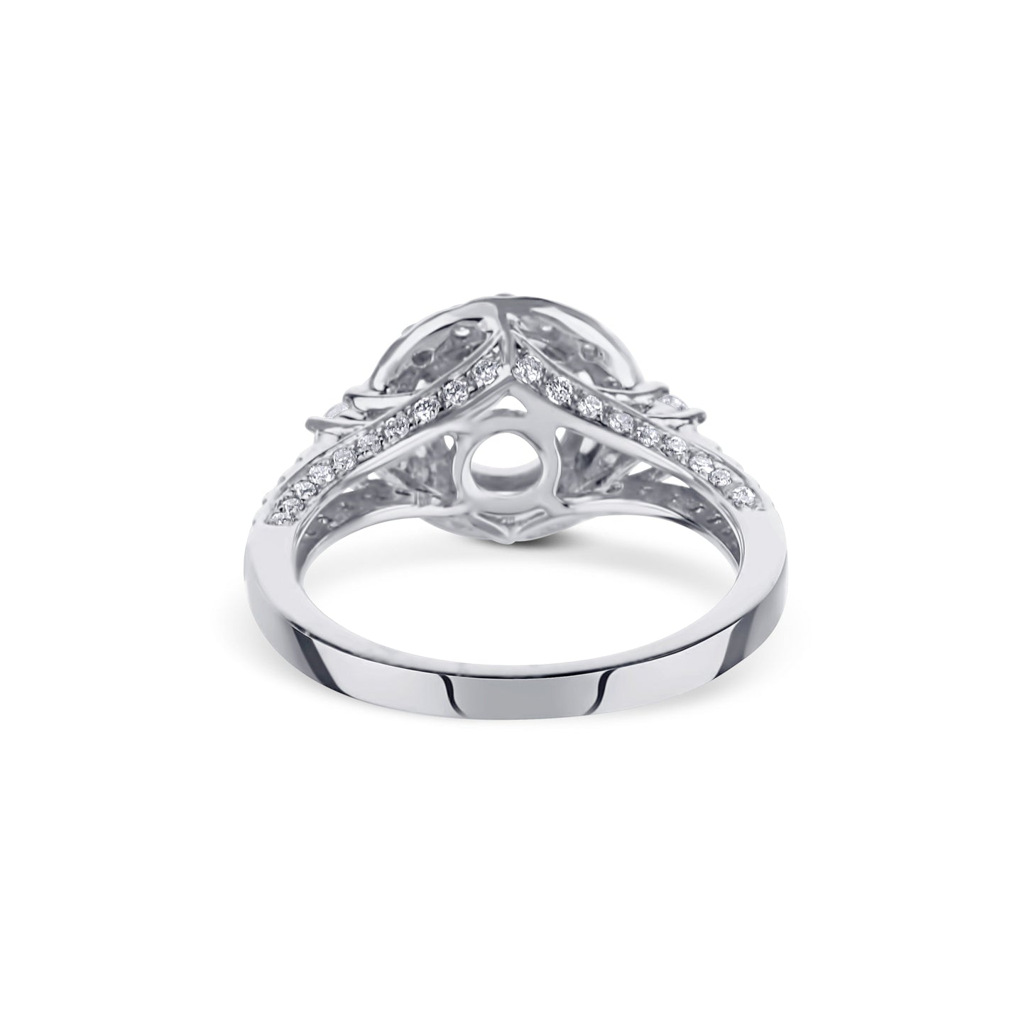 18K White Gold Round Diamond Halo, Three-Sided Shank Mounting For A Round Center Diamond