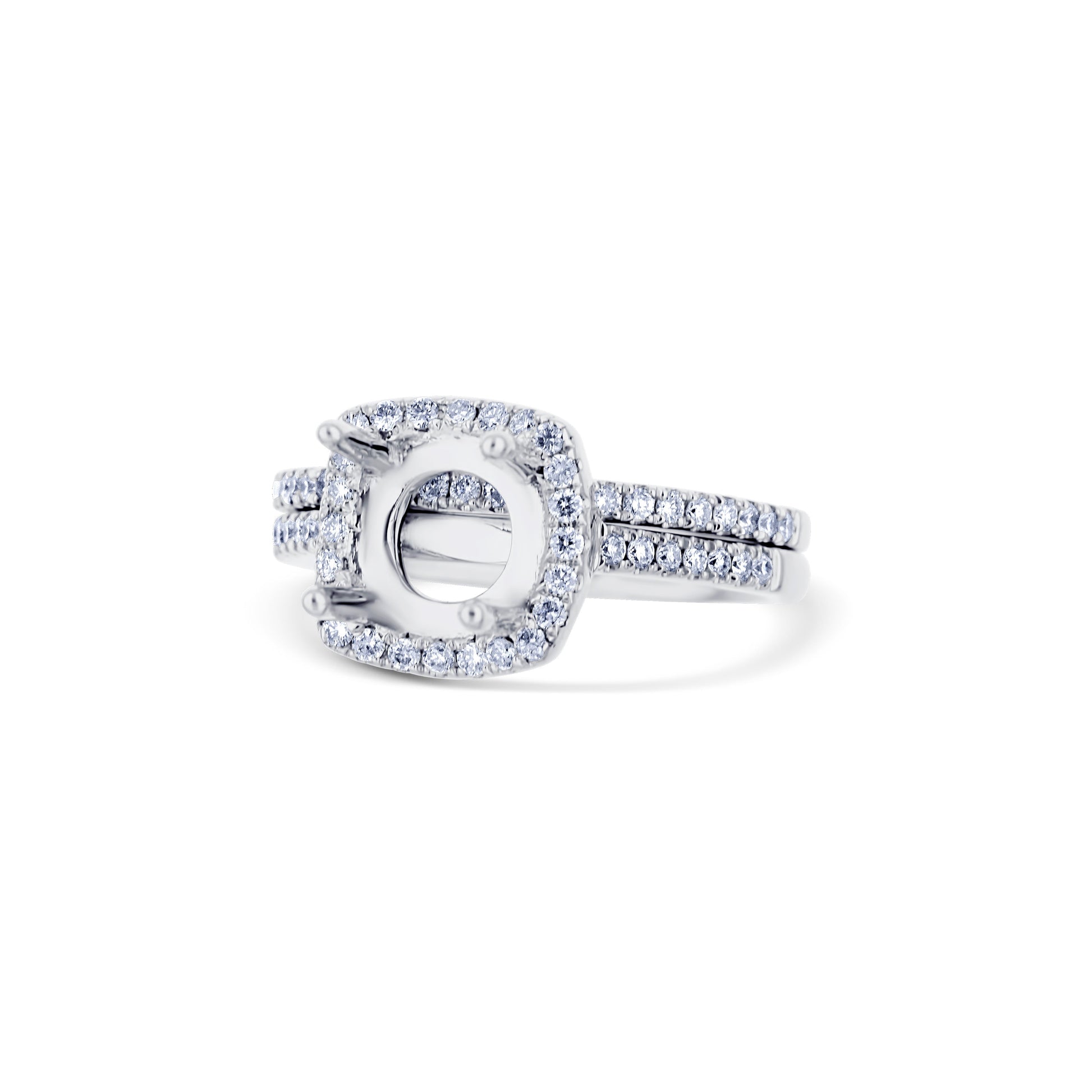 18K White Gold Diamond Square Halo Bridal Set Of Mounting & Band For A Round Center Diamond