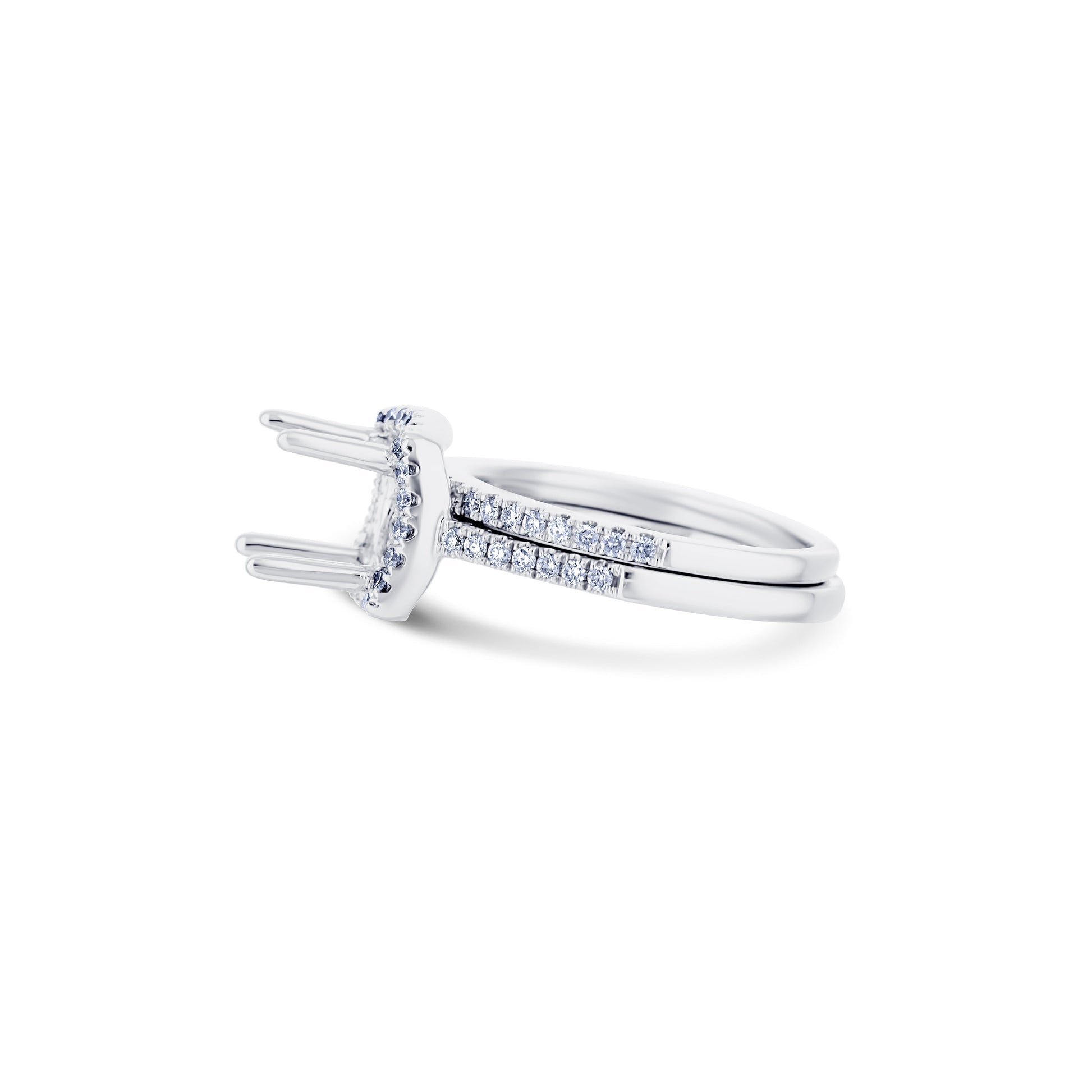 18K White Gold Diamond Square Halo Bridal Set Of Mounting & Band For A Round Center Diamond