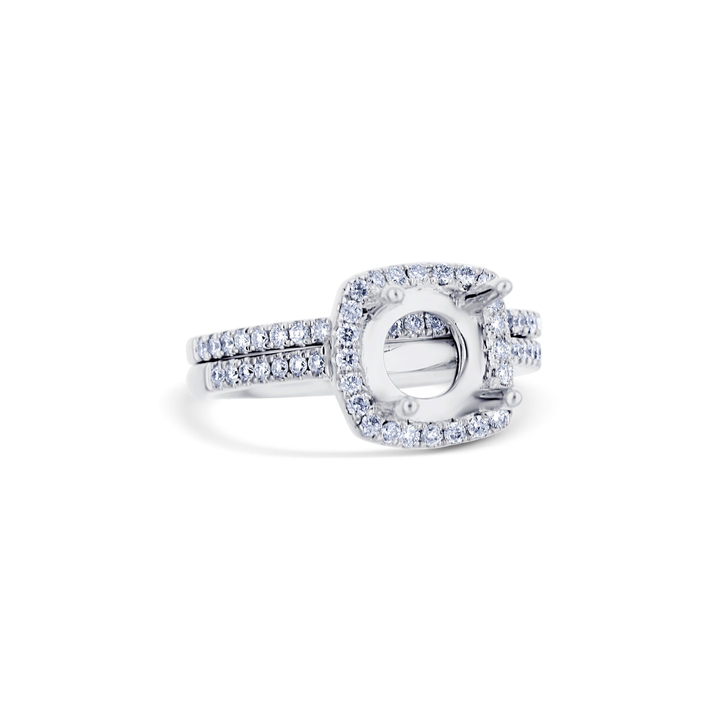 18K White Gold Diamond Square Halo Bridal Set Of Mounting & Band For A Round Center Diamond