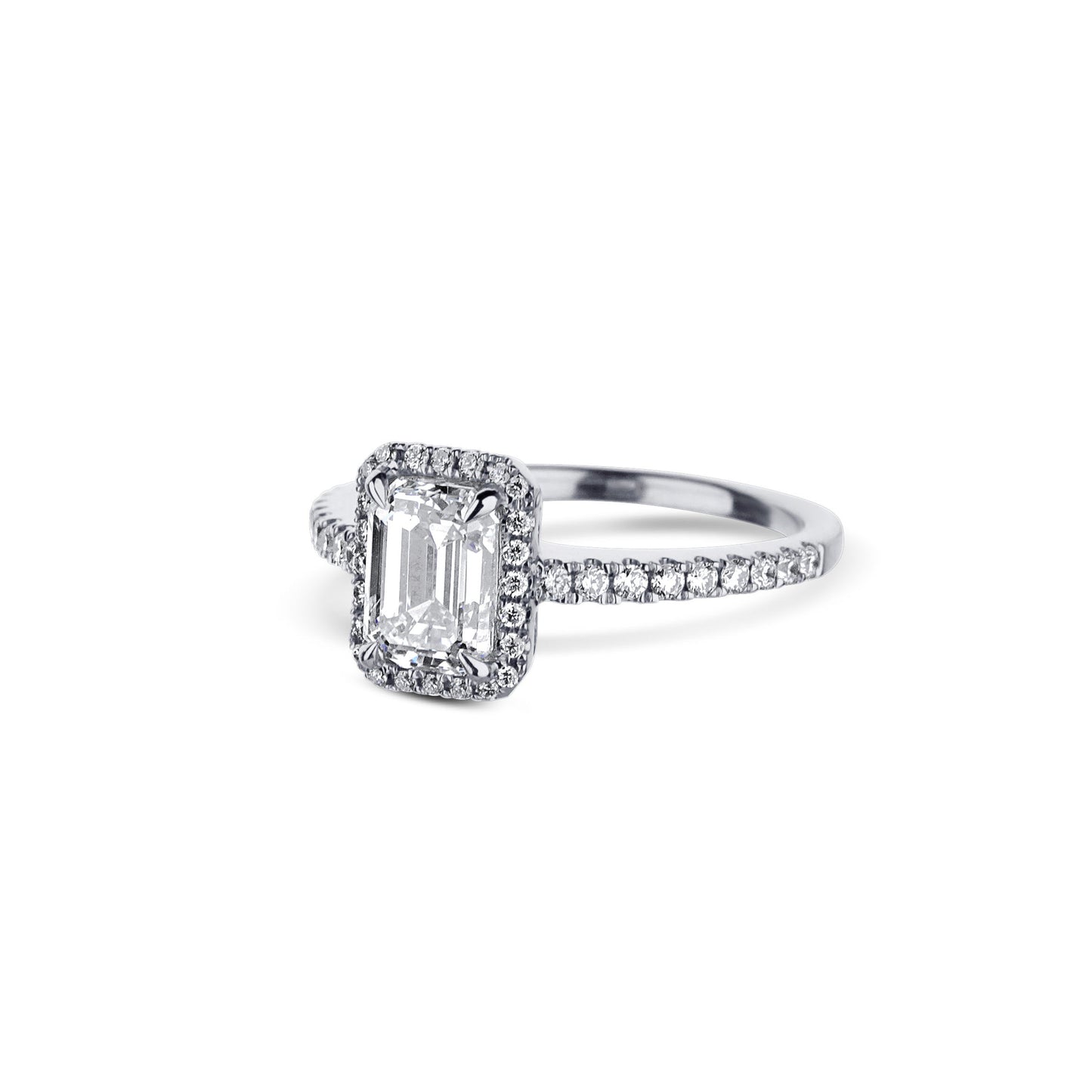 18K White Gold Emerald Cut Diamond Halo Engagement Ring