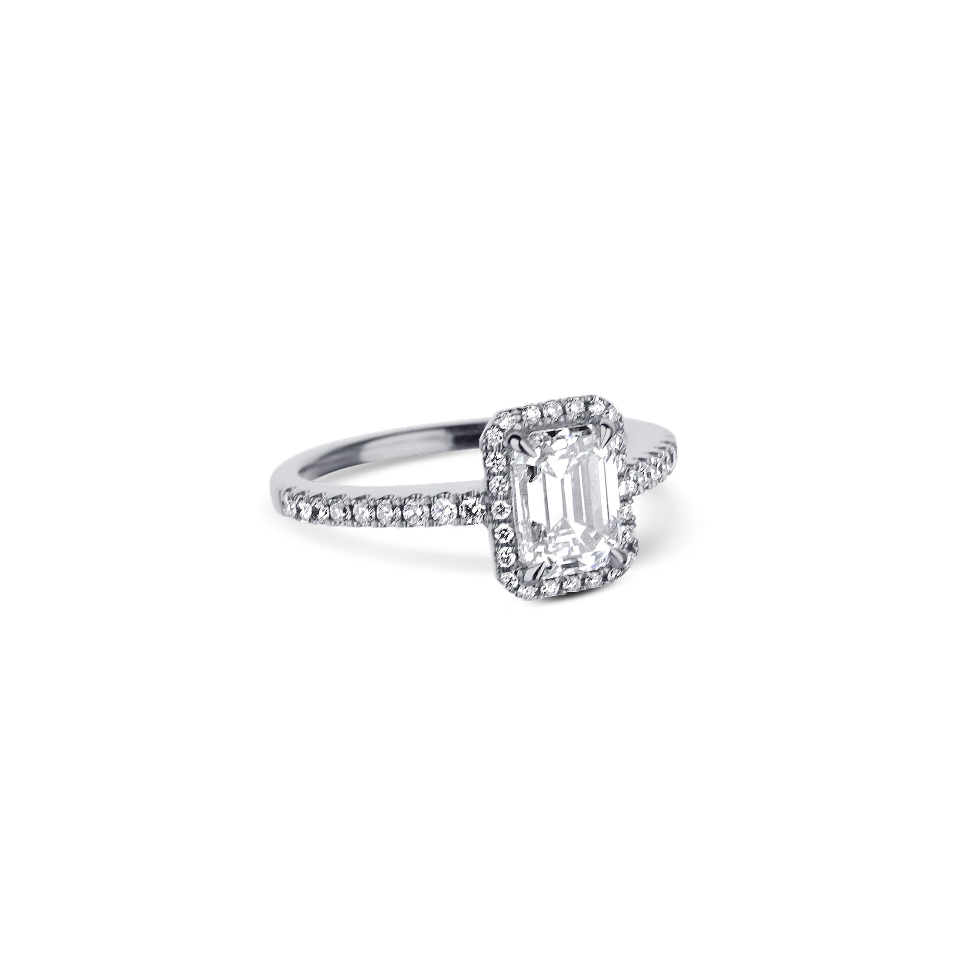 18K White Gold Emerald Cut Diamond Halo Engagement Ring