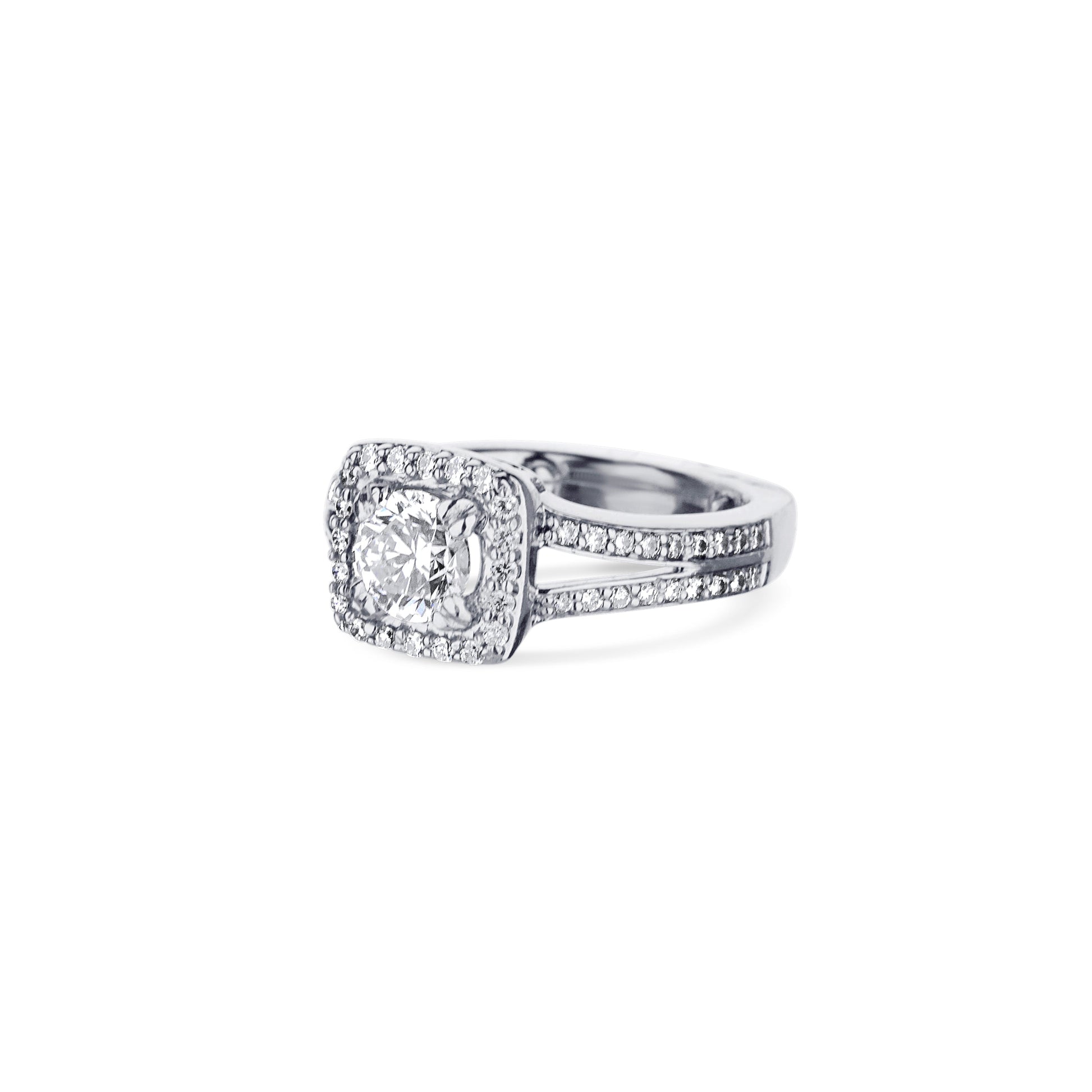 18K White Gold Round Diamond Square Halo Engagement Ring