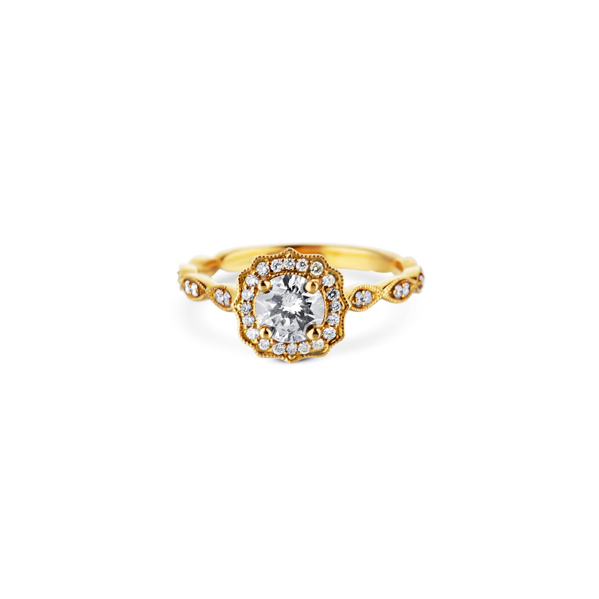 18K Yellow Gold Round Diamond Engagement Ring With Halo And Scallop Shank