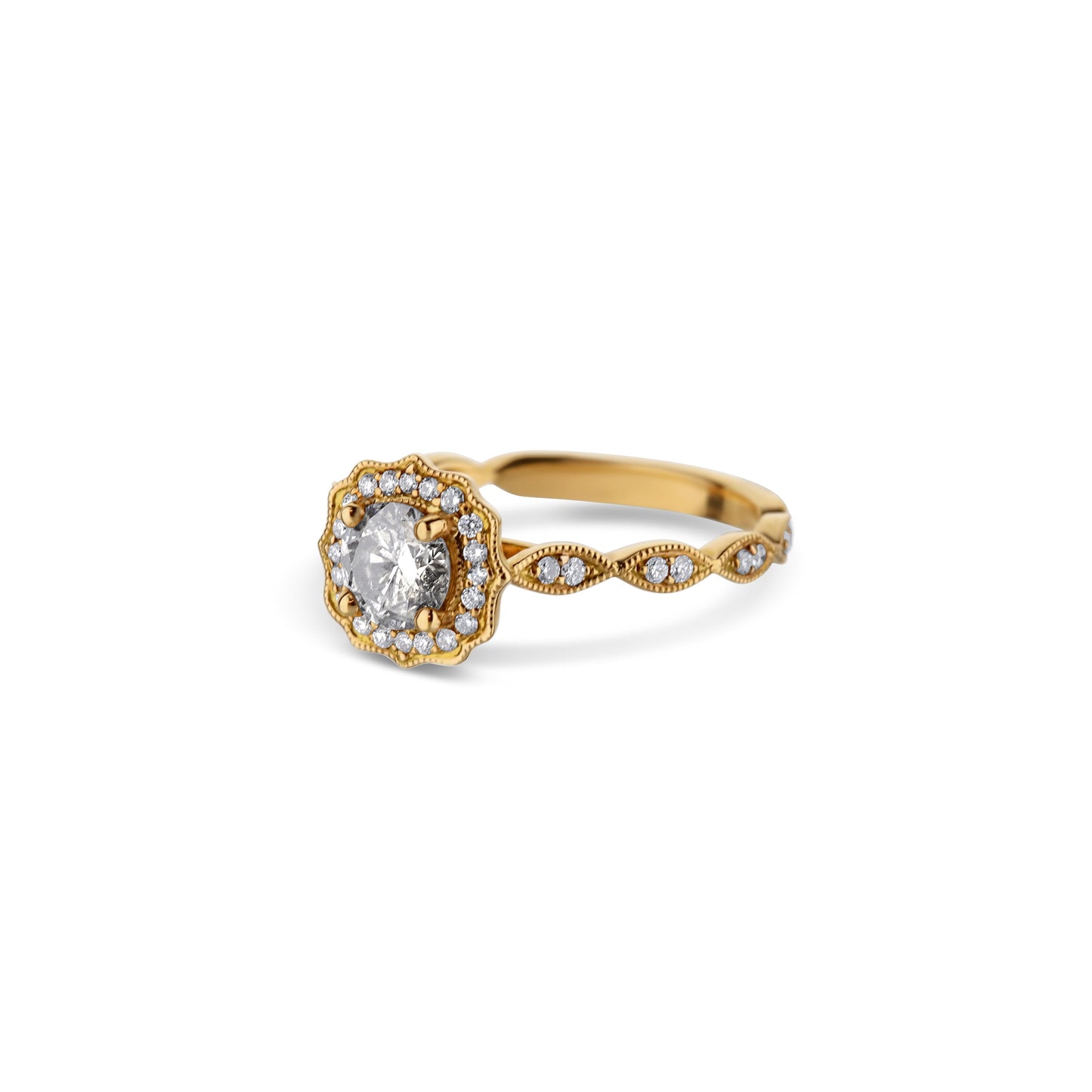 18K Yellow Gold Round Diamond Engagement Ring With Halo And Scallop Shank