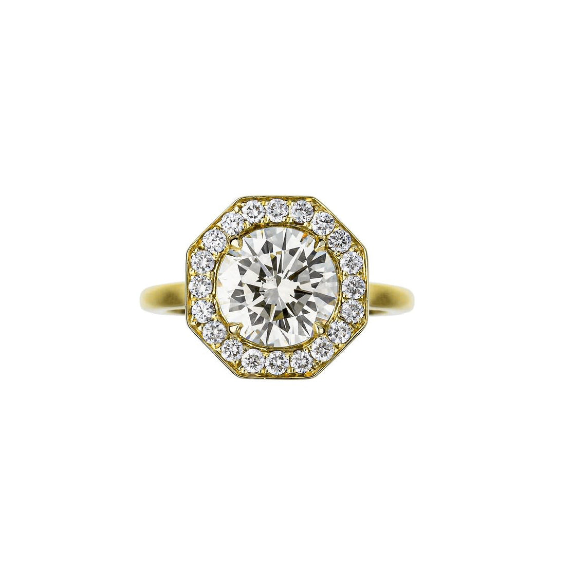 18K Yellow Gold Round Brilliant Diamond Engagement Ring With Octagonal Halo