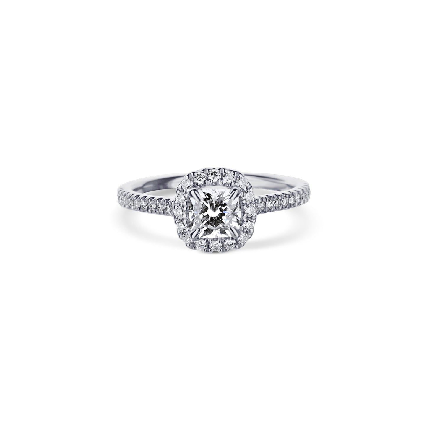 18K White Gold Engagement Ring With A 0.73 Carat Radiant Cut Diamond With Cushion Shaped Halo.