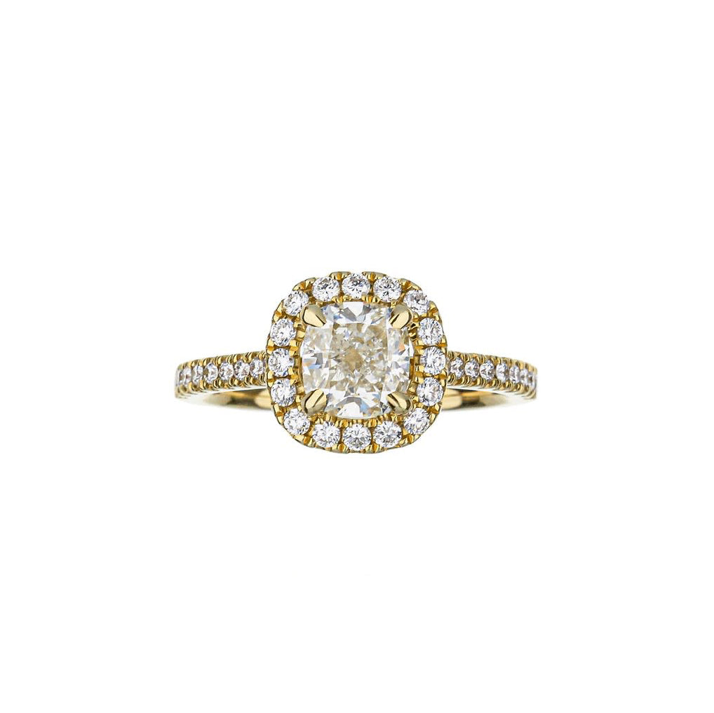 18K Yellow Gold Cushion Cut Diamond Halo Engagement Ring