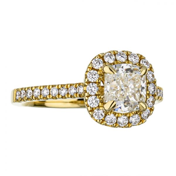 18K Yellow Gold Cushion Cut Diamond Halo Engagement Ring