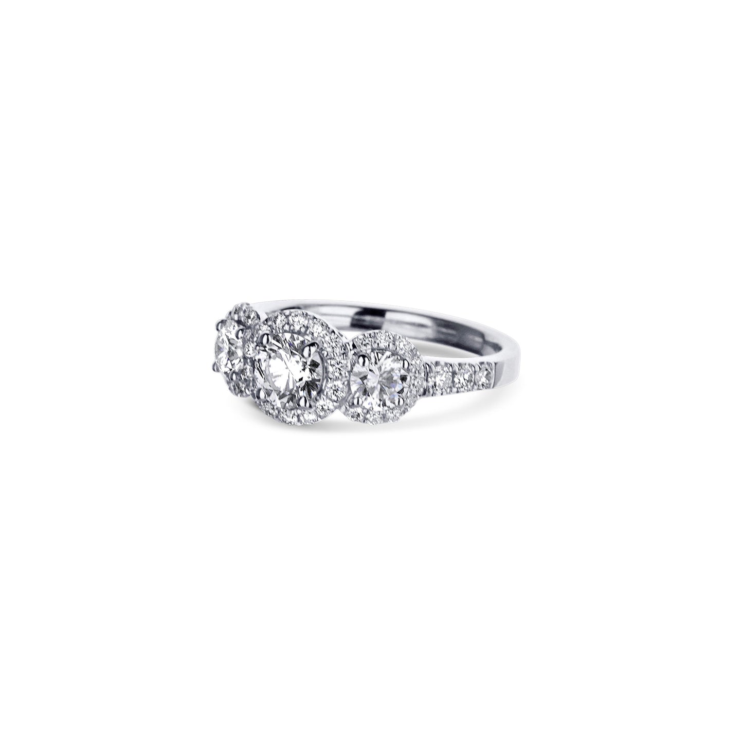 18K White Gold 0.50 Carat Three Stone Round Diamond Ring With Halo