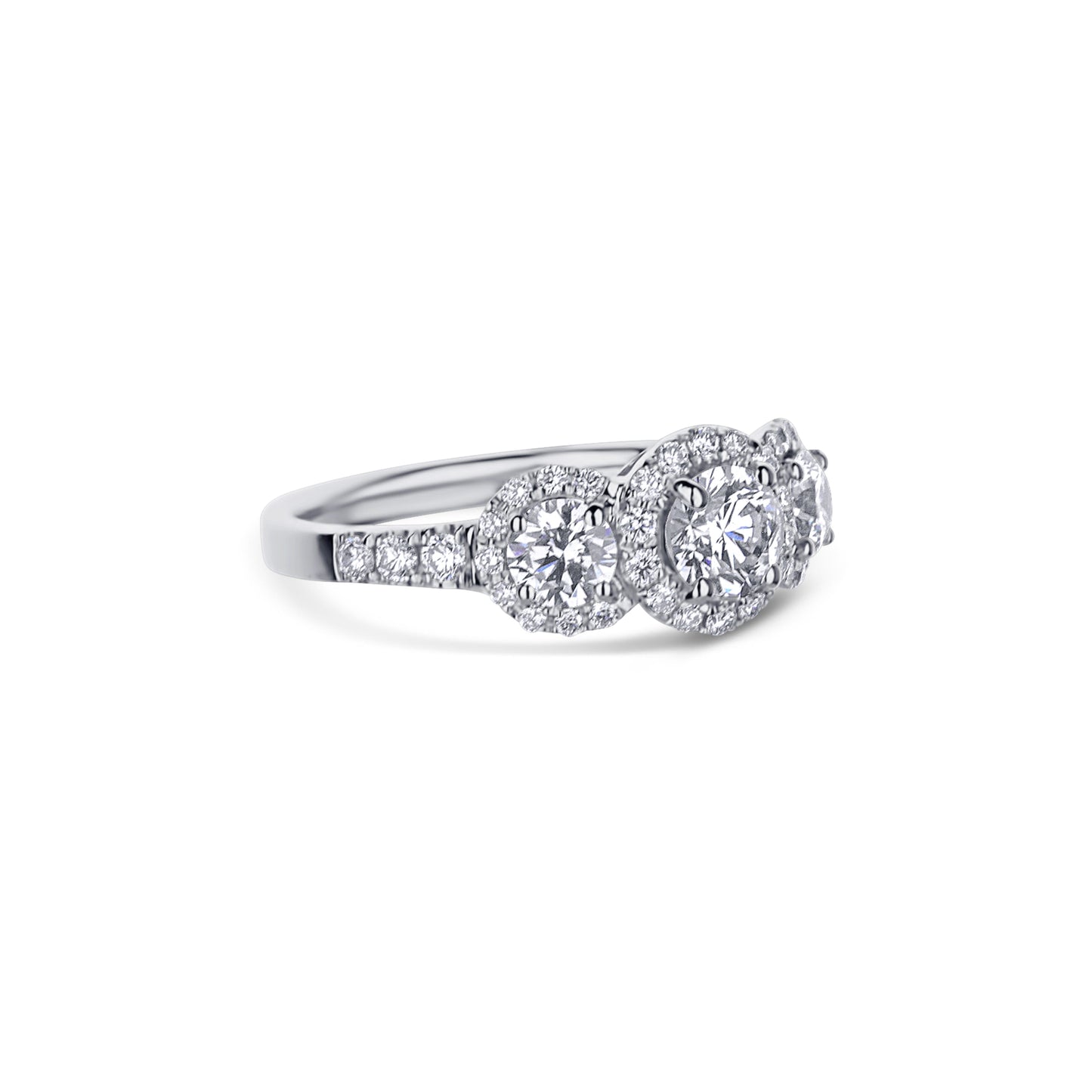 18K White Gold 0.50 Carat Three Stone Round Diamond Ring With Halo