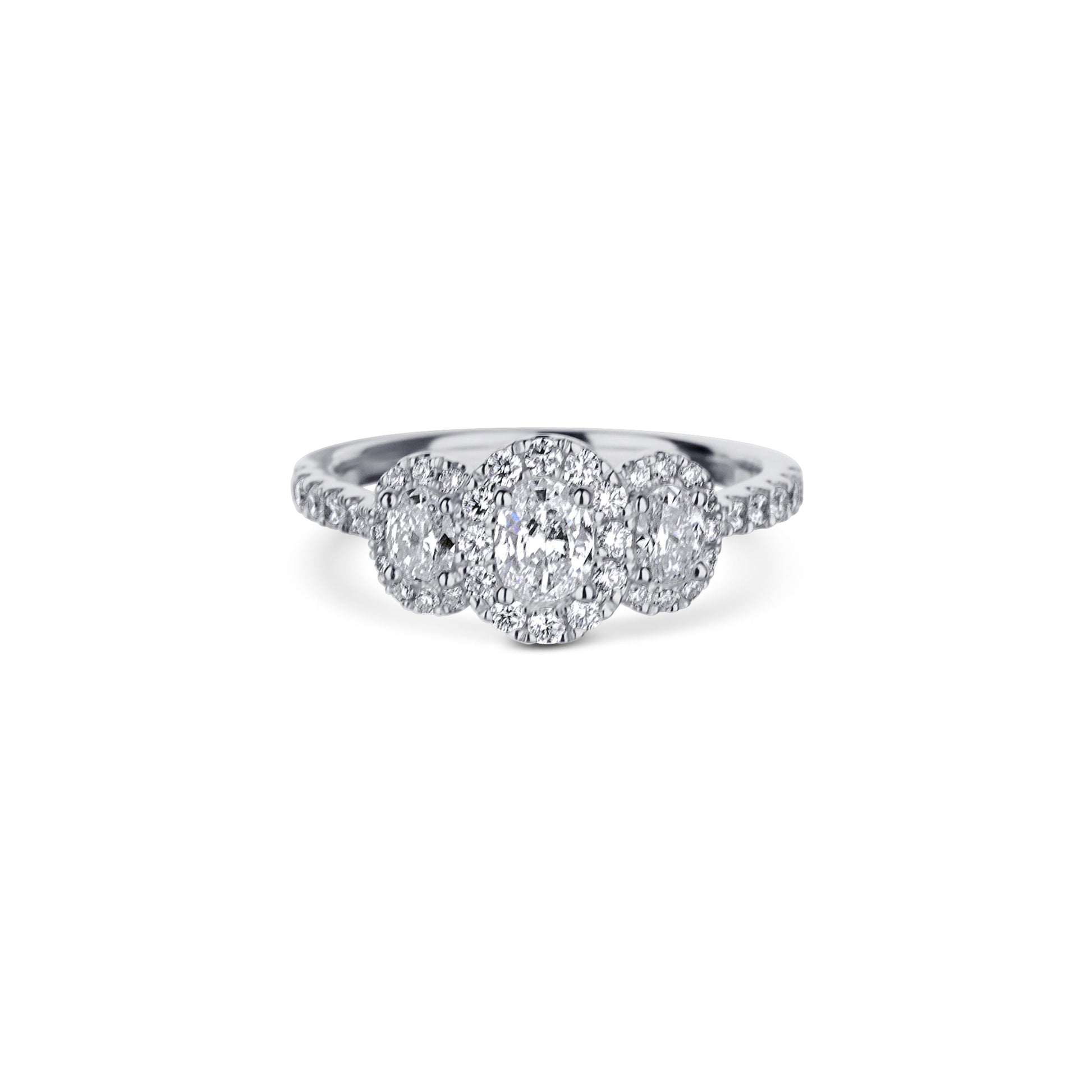 18K White Gold 3 Oval Diamond With Halo Engagemnet Ring