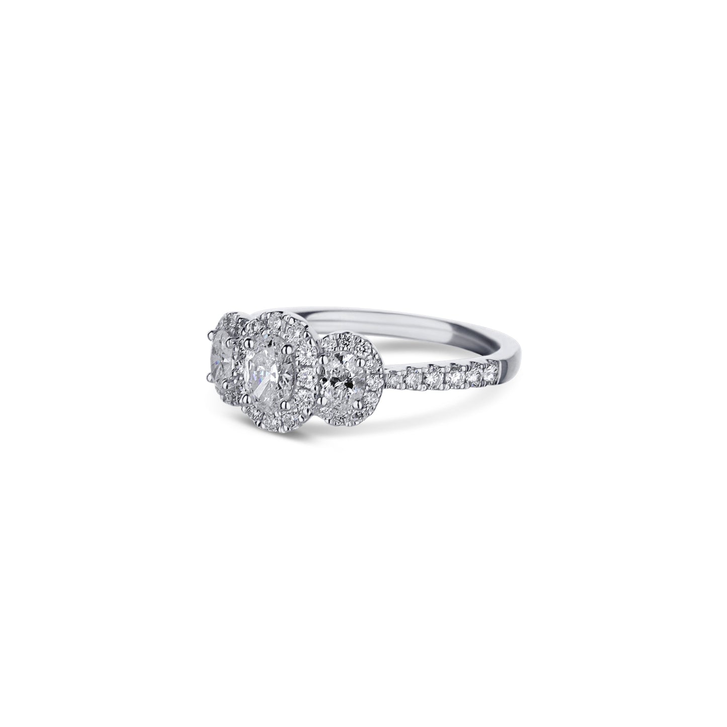 18K White Gold 3 Oval Diamond With Halo Engagemnet Ring