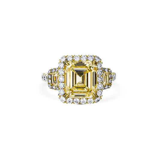 18K Yellow Gold Step Cut Engagement Ring With Cushion Side Stones And Halo