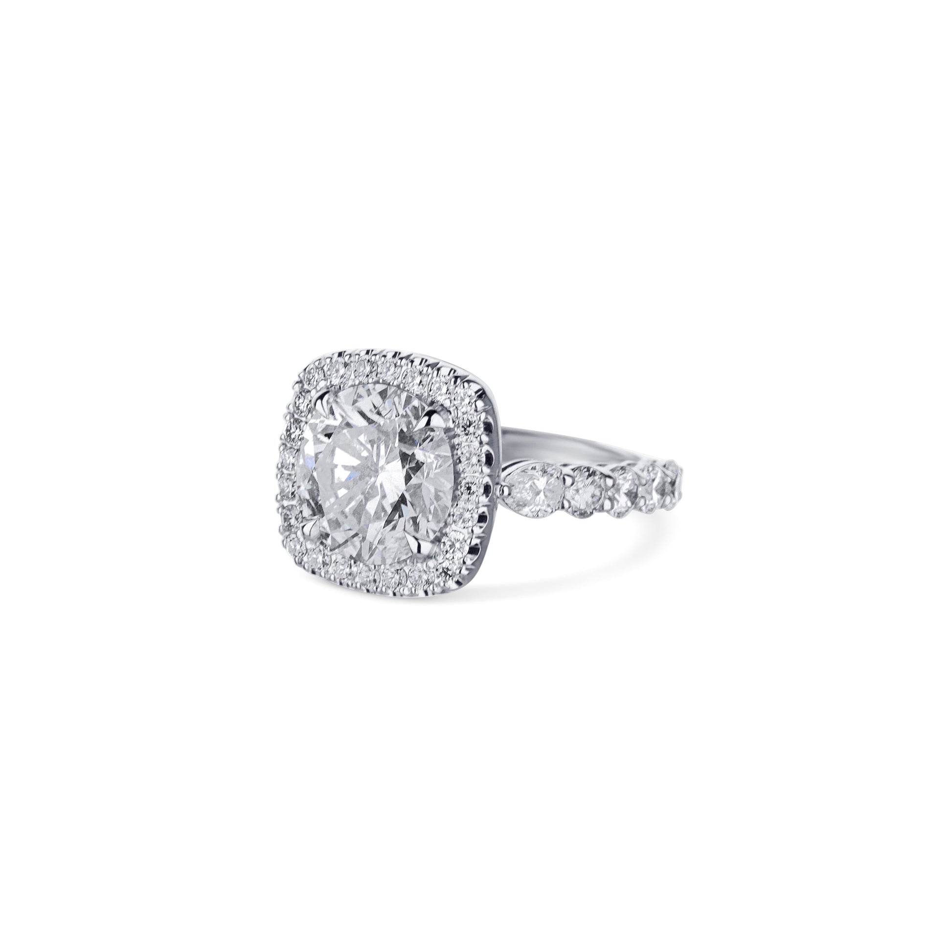 18K White Gold Round Center With 2 Pear Diamonds Engagement Ring With Halo