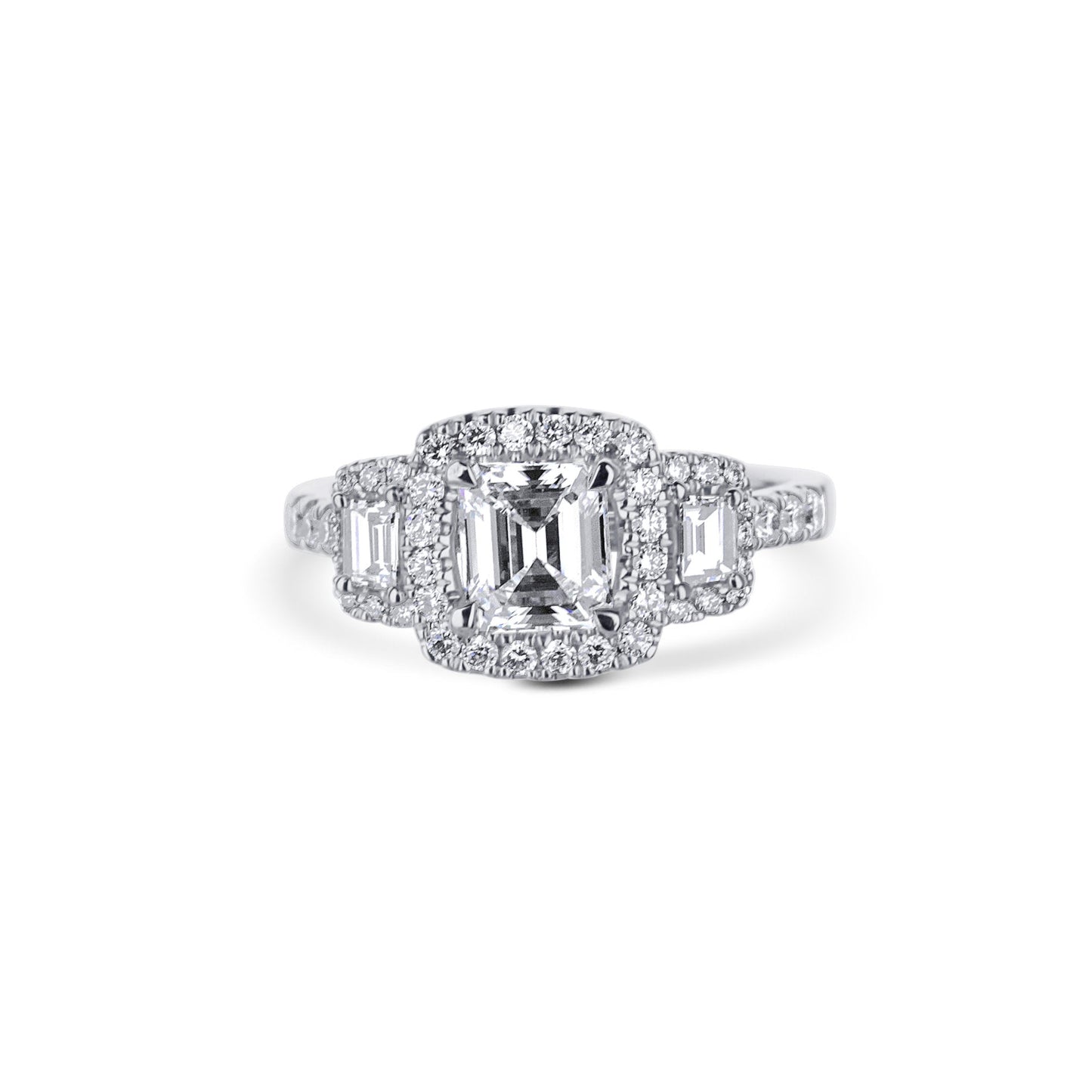 18K White Gold Three Stone Emerald Cut Diamond Engagement Ring With Halo & Diamonds In Side Shank