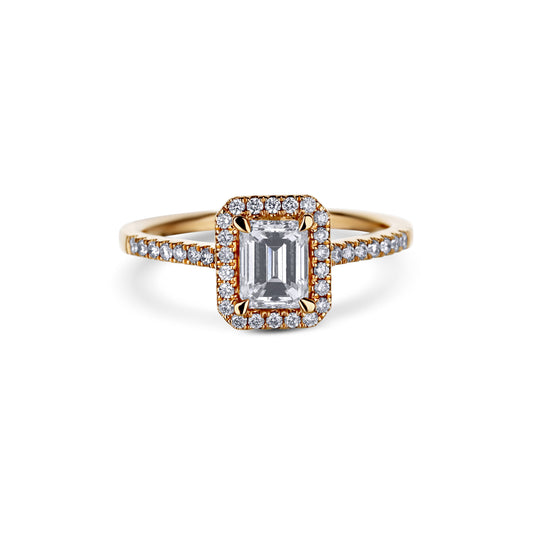 18K Rose Gold With A 0.77 Carat Emerald Cut Diamond Ring With Halo