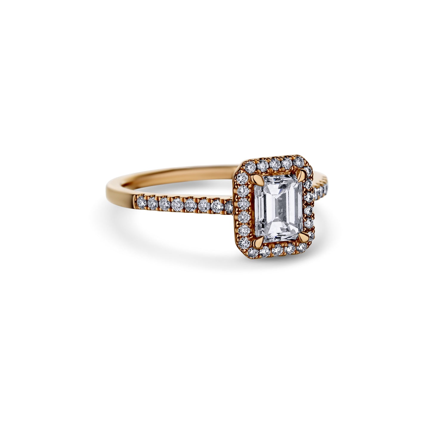 18K Rose Gold With A 0.77 Carat Emerald Cut Diamond Ring With Halo