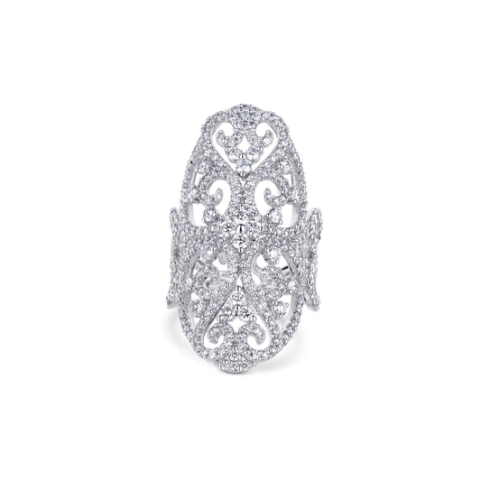 18K White Gold And Round Diamond Scroll Style Ring