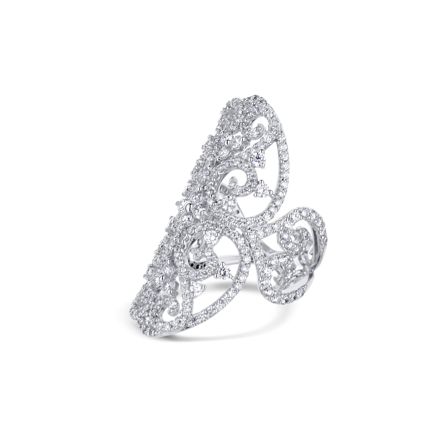 18K White Gold And Round Diamond Scroll Style Ring