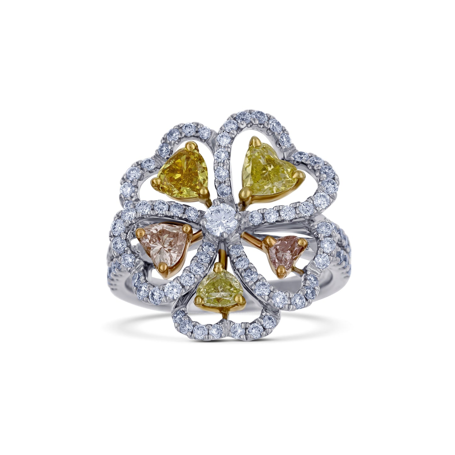 18K White Gold Flower Heart Shaped Ring with Fancy Colored Diamonds and Halo