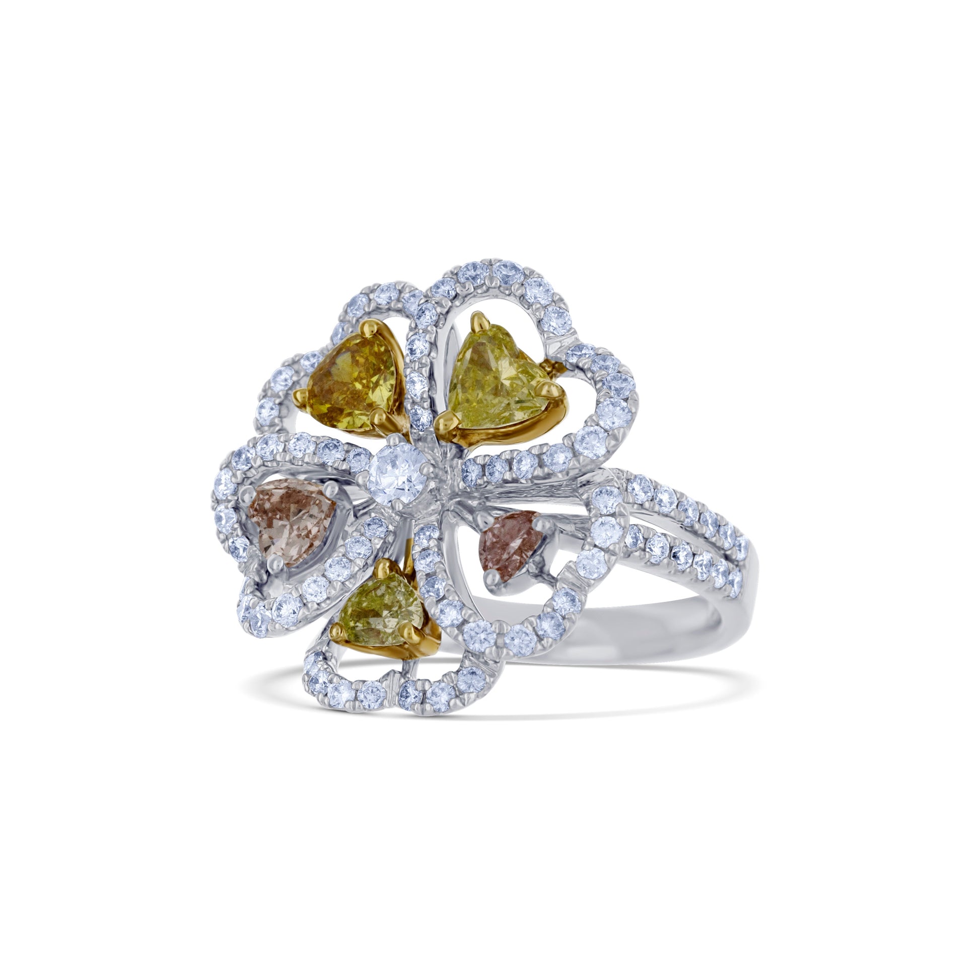 18K White Gold Flower Heart Shaped Ring with Fancy Colored Diamonds and Halo