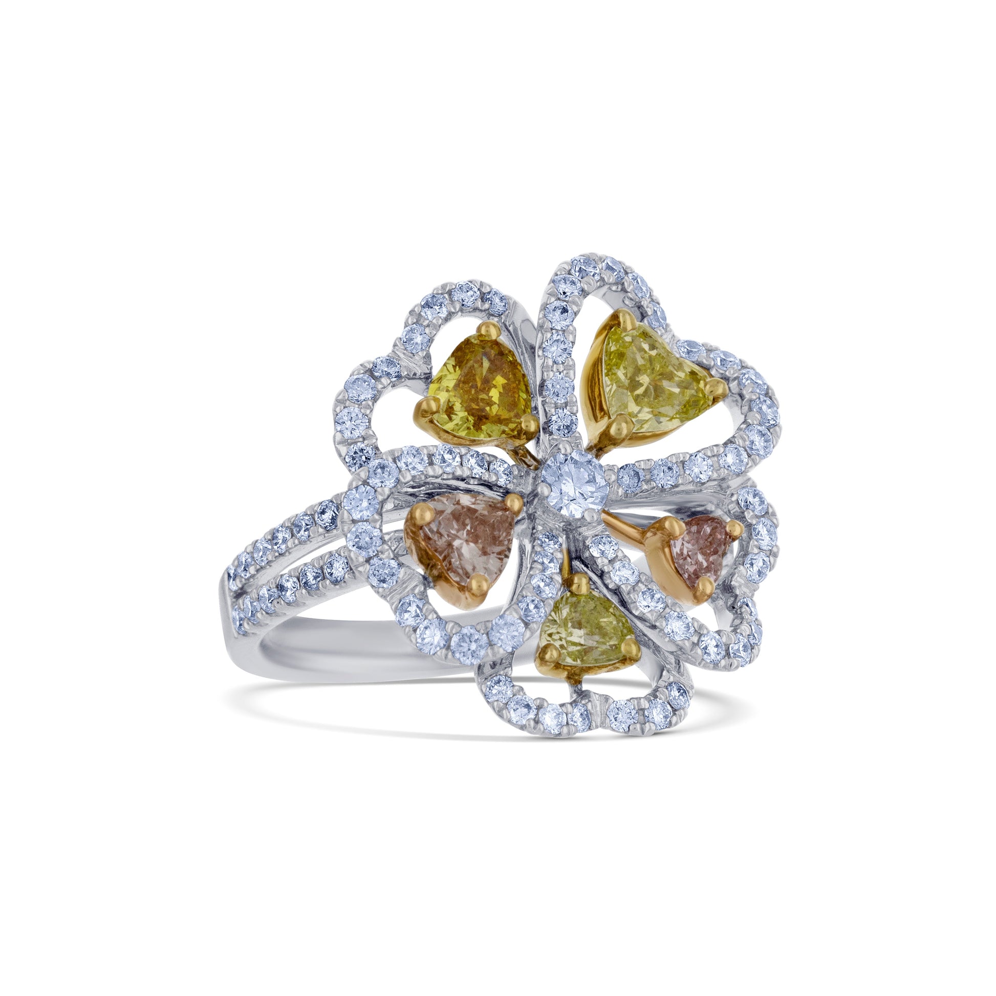 18K White Gold Flower Heart Shaped Ring with Fancy Colored Diamonds and Halo