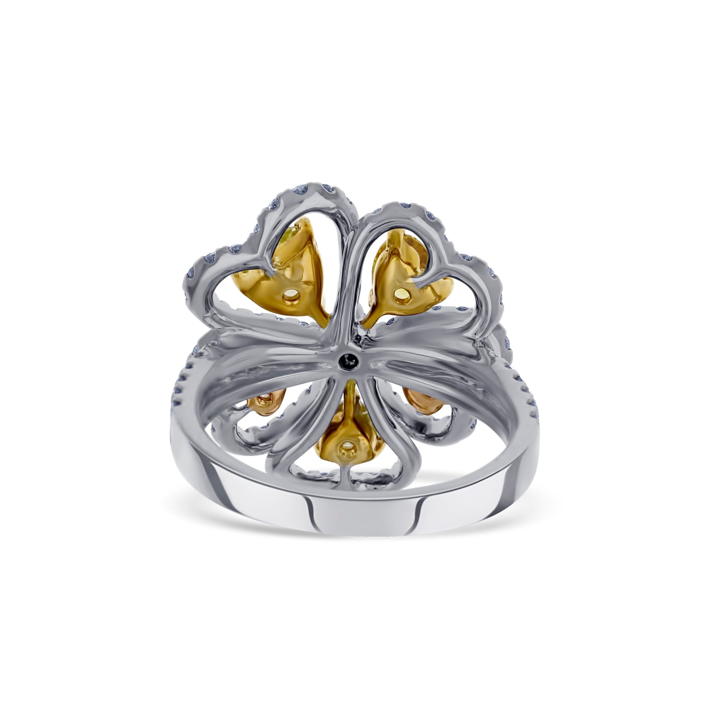 18K White Gold Flower Heart Shaped Ring with Fancy Colored Diamonds and Halo