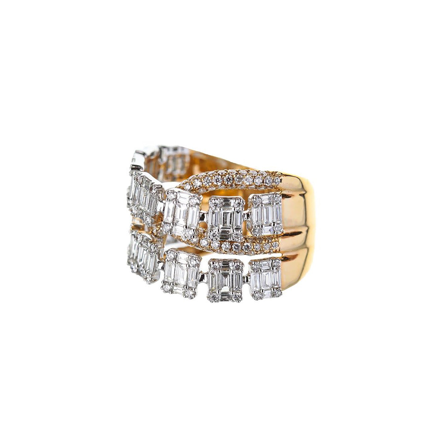 18K Rose Gold Baguette And Round Diamond Crossover Ring