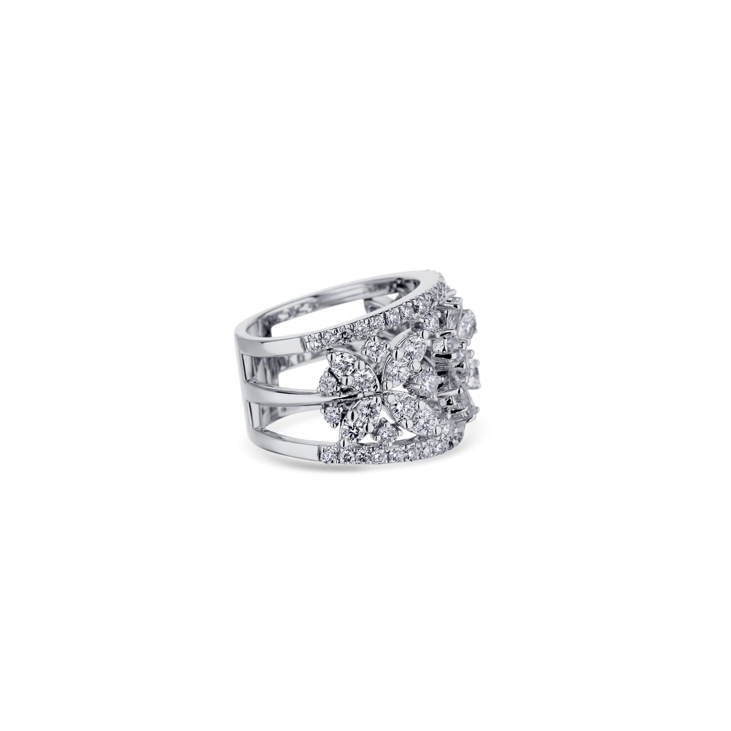 18K White Gold Diamond Three Flower Ring