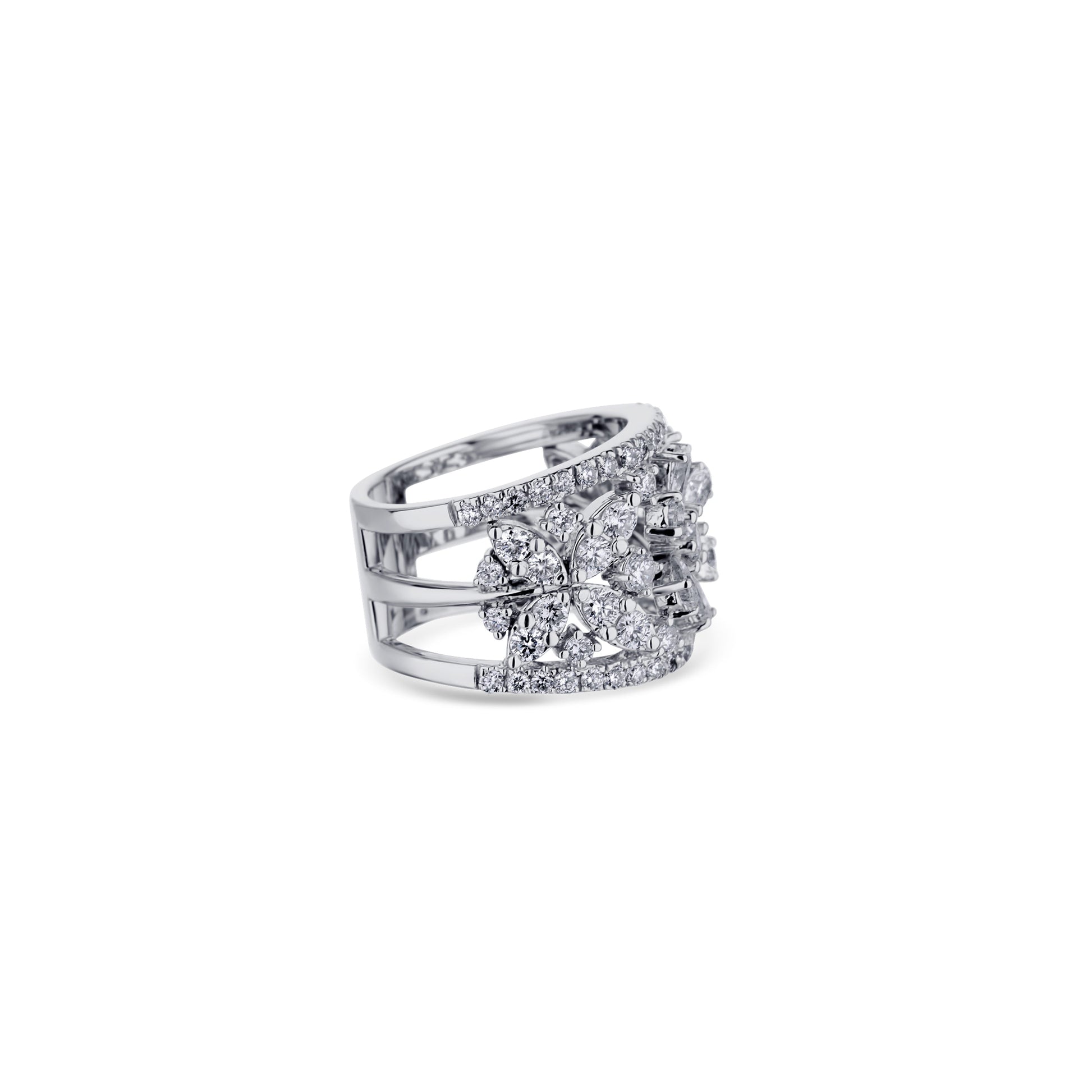 18K White Gold Diamond Three Flower Ring